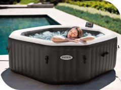 Felfújható nyolcszögletű pezsgőfürdő hidromasszázzsal 4 fő részére 180x71 cm prémium tartozékok INTEX 28458jacuzzi ośmiokątne hydromasaż 4 os. 180x71 cm prémium tartozékok INTEX 28458