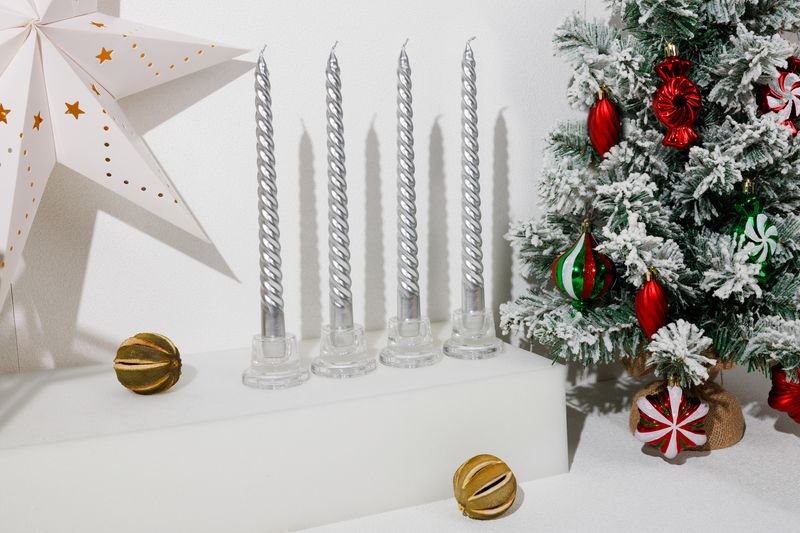 MagicHome Weihnachtskerze, 25 cm, Packung. 4 Stk., Silber, Spirale, gedreht