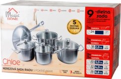 Set veselă MagicHome Chloe, tigaie 24 cm, 3x caserolă (3l, 4l și 6.6l), caserolă 2l, cu capace din sticlă, oțel inoxidabil, 9 bucăți