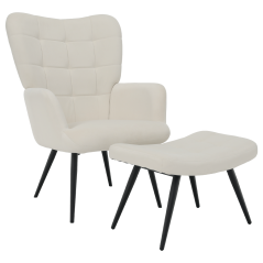 Sessel mit Fußhocker, weißer Samtstoff/schwarz, HABEN