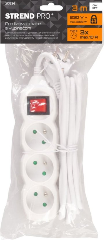 Kabel DG-F803BK L-3m, przedłużacz, biały, 3x gniazdo + wyłącznik