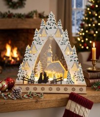 Dekorácia MagicHome Vianoce, Dedinka s kostolom, LED, MDF, 30x7x33,5 cm