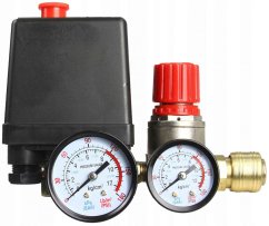 Presostat pentru compresor 0-5 bar, 230V, 2 ieșiri 1/4" cu 2 manometre, MAR-POL (acțiune)