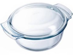 Sütőedény kerek, fedővel, 21x18x9cm, 1L+0,3L, átlátszó üveg PYREX, megerősített csomagolásban