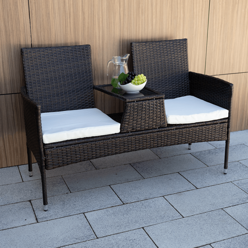 Gartenbank mit Tisch und Kissen, braun/creme, LALIT