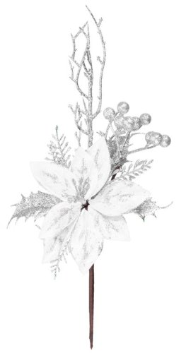 Twig MagicHome Craciun, cu floare, argintiu, 27 cm