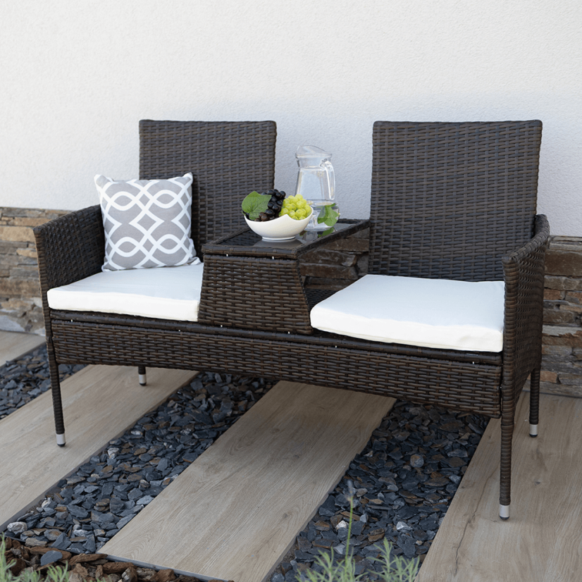 Gartenbank mit Tisch und Kissen, braun/creme, LALIT