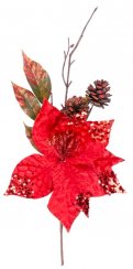 Větvička MagicHome Vánoce, s květem poinsettia, červená, 34 cm