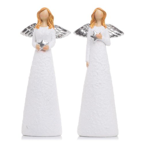 Figurină de înger 7,5x4,5x19 cm amestec polirășină alb-argintiu