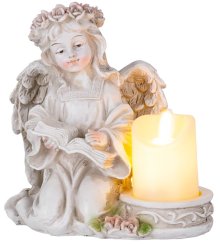 Dekoracja MagicHome, Anioł z książką i świecą, 1xLED, polyresin, na grób, 17,5x12x17,5 cm