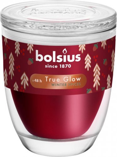 Gyertya Bolsius Starlight Winter fűszerek, bordó vörös, üvegben, 48 óra, 100x120 mm
