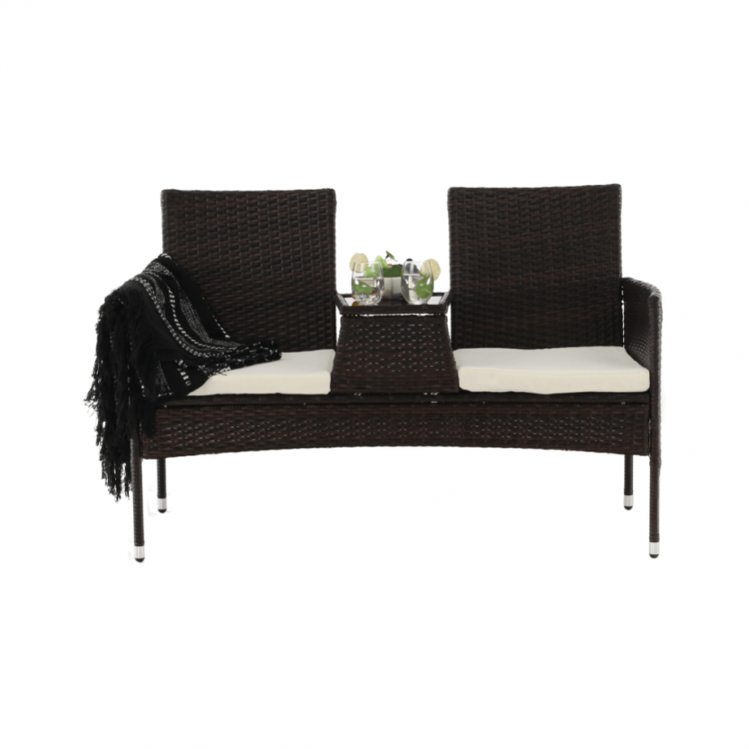 Gartenbank mit Tisch und Kissen, braun/creme, LALIT