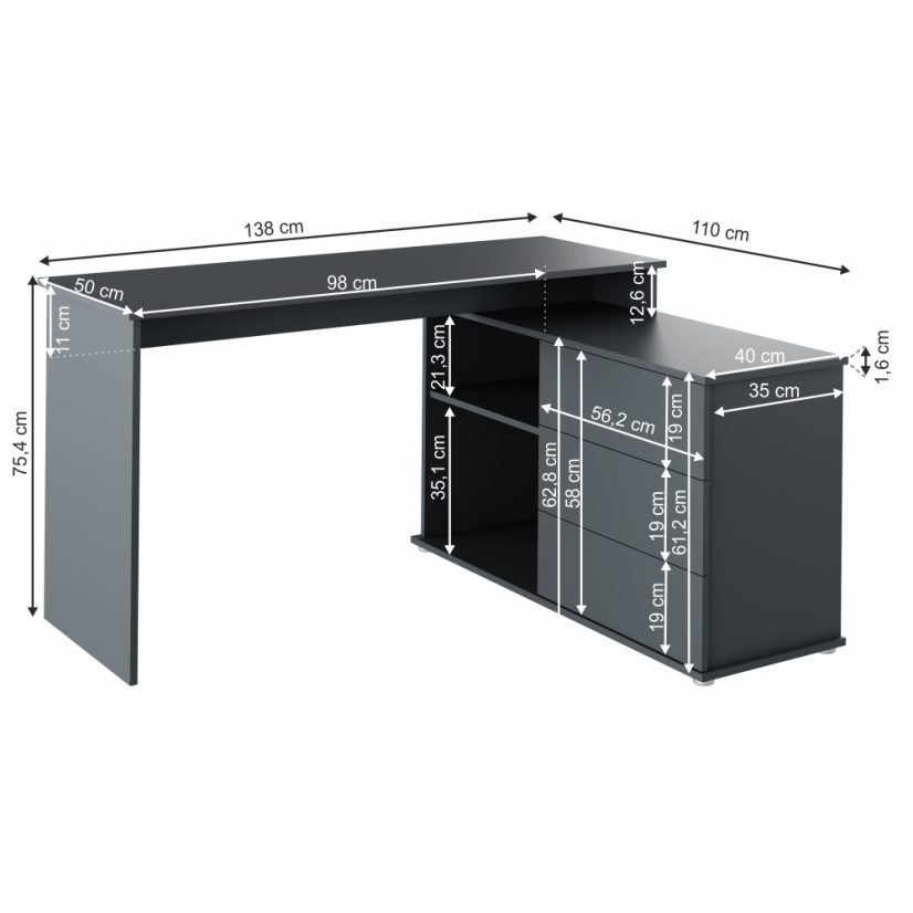 Universeller PC-Ecktisch, Graphit, TERINO