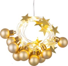 MagicHome Christmas Ball lanac, 20 LED topla bijela, s kuglicama i zvjezdicama, zlatna, 2xAA, jednostavna rasvjeta, rasvjeta, L-1,9 m