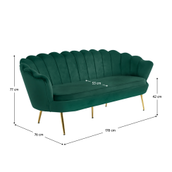 Luxussofa, 3-Sitzer, smaragdgrüner Samtstoff/Goldchrom, Art-Deco-Stil, NOBLIN