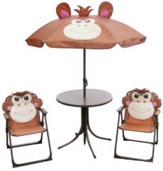 Set LEQ MELISENDA Mono, maimuță, umbrelă de soare 105 cm, masă 50 cm, 2 scaune. pentru copii