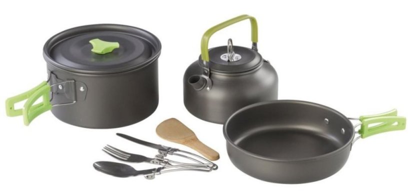 Set de ustensile pentru drumeții /pot1,2l; tigaie; ceainic0,7l; tacâmuri/