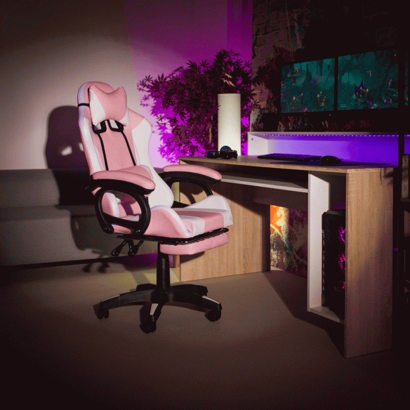 Pisarniški/gaming stol z RGB LED osvetlitvijo, roza/bel, JOVELA