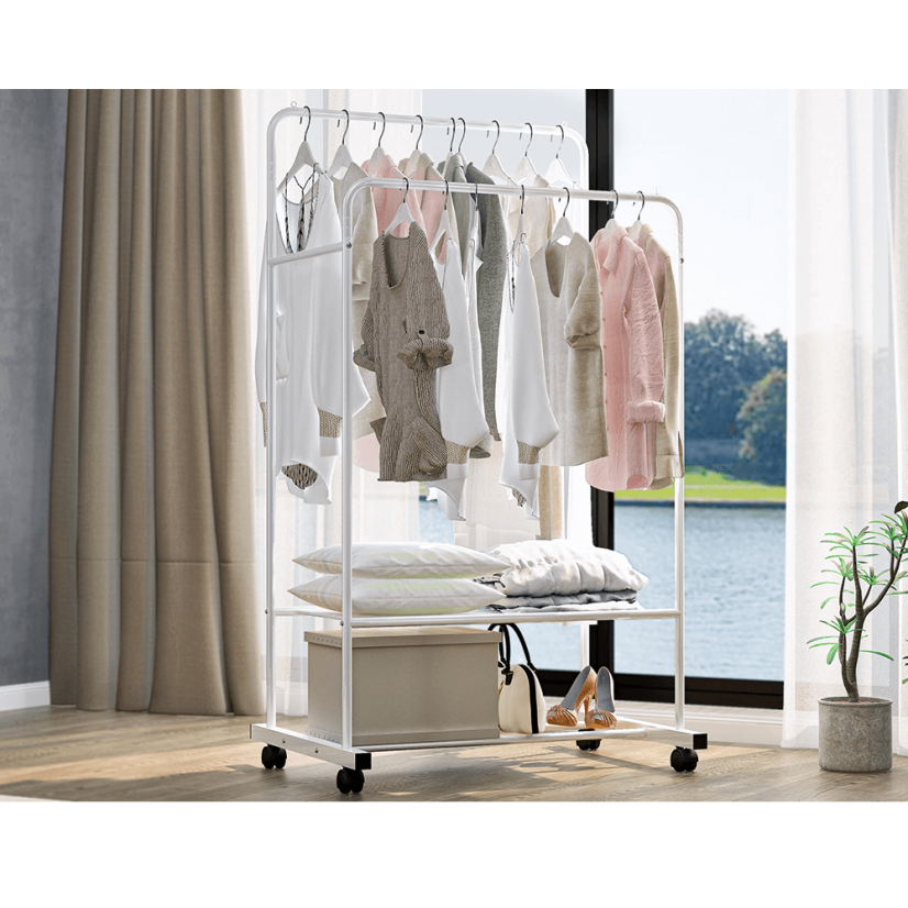 Zweireihige mobile Garderobe, mit Regalen, weiß, RAINER