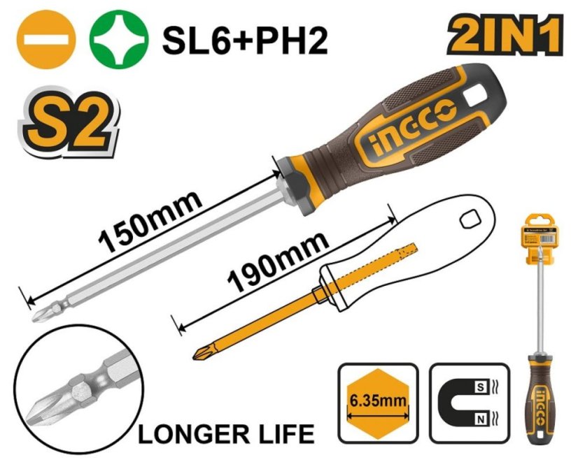 Skrutkovač 2v1 150/190mm s náhradnou rukoväťou INGCO