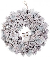 MagicHome karácsonyi koszorú, natúr, krémszínű, függő, baglyos, 40 cm