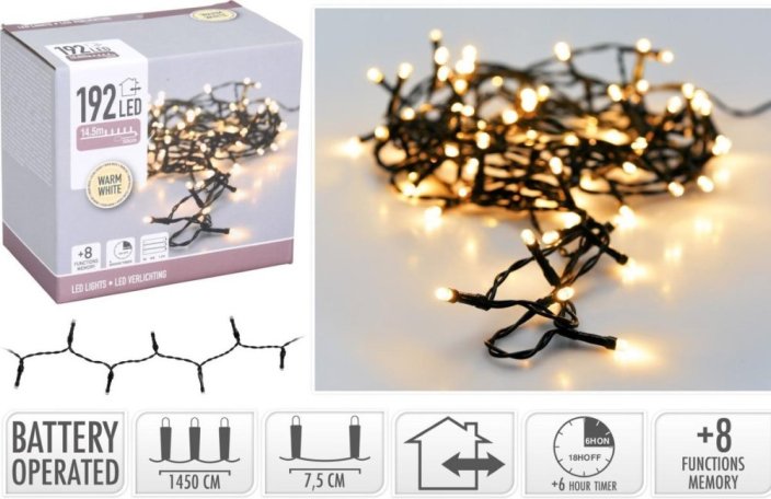 Božična lučka 192 LED toplo bela, 14,5 m, s časovnikom, s funkcijami, baterije, zunanja/notranja