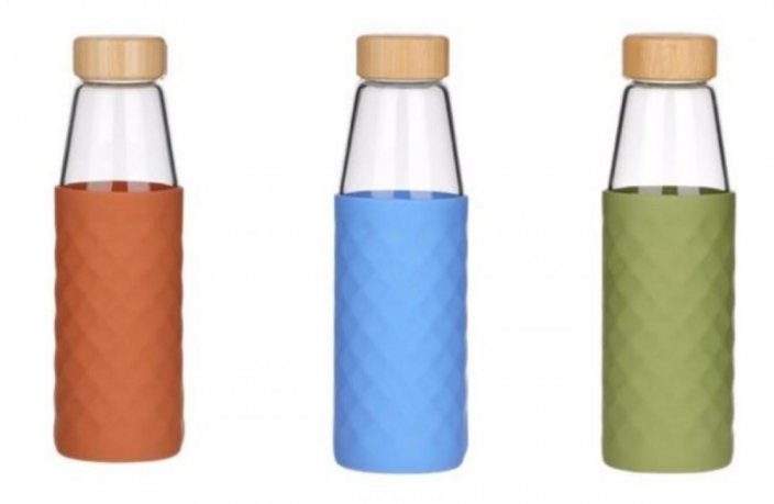 Sportowa butelka szklana 500ml CARO z bambusową zakrętką w silikonowym opakowaniu MIX