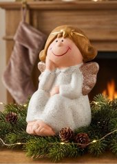 Figurină de Crăciun MagicHome, Înger așezat, polirășină, 6,7x6,2x11 cm