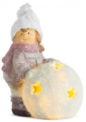 MagicHome Božićna figurica, Djevojka s LED kuglom, terakota, 13x9x15 cm
