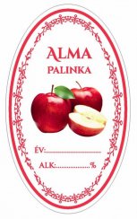 Samolepka na fľašu ALMA PÁLINKA/JABLKOVICA domáca červ. ovál 16ks etikiet HU