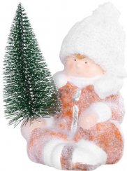 Świąteczna figurka MagicHome, Chłopiec z drzewem, terakota, 14,5x13x17 cm