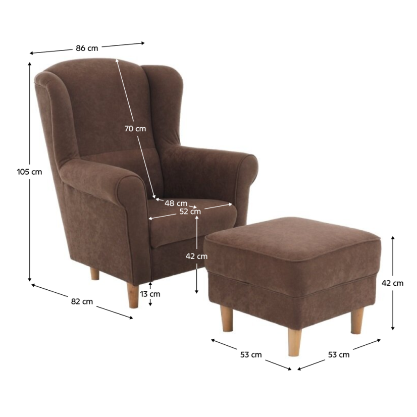 Sessel, mit Hocker, brauner Stoff, ASTRID