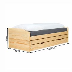 Bett mit ausziehbaren Zustellbetten, natur, massiv, 90x200, FLOPY