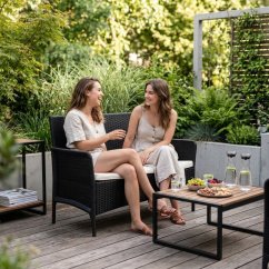Dvojmiestna záhradná pohovka s vankúšom – lavička na balkón, terasu alebo do záhrady, čierna, MultiGarden (akce)