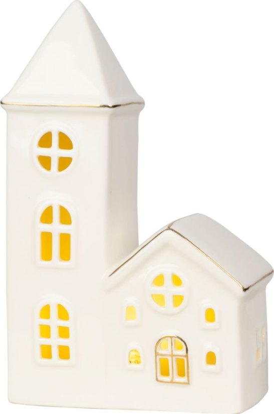 MagicHome Dekoration, Haus mit Kirche, LED, weiß, Porzellan, 11,2x5,5x17,4 cm