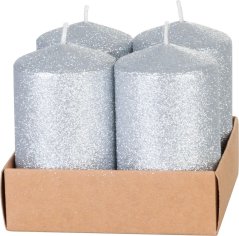 MagicHome Weihnachtskerze, 4,8x8 cm, zylindrisch, Packung. 4 Stk., Silber, mit Glitzer, Advent