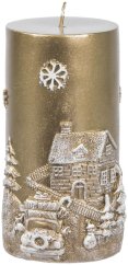 MagicHome Weihnachtskerze, 7x12,5 cm, Gold, mit 3D-Landschaft