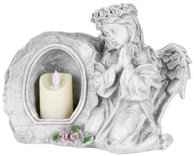 MagicHome dekoracija, Angel moli s svečo, 1xLED, poliresin, za nagrobno, 28x13x21,5 cm