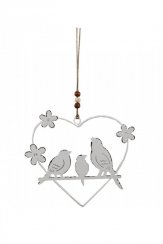 Ornament suspendat inimă cu păsări 20x17 cm metal alb