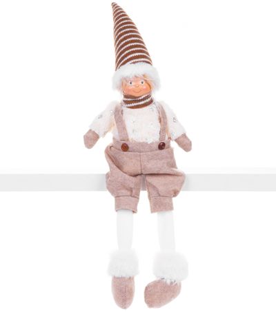 VarázslatosHome karácsony figura, Fiú magas sapkával, szövet, barna-fehér, 17x12x54 cm