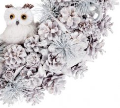 Wianek świąteczny MagicHome, naturalny, kremowy, wiszący, z sową, 40 cm
