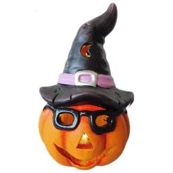 Decor MagicHome Nature, LED Pumpkin, cu ochelari si palarie, ceramica, 30 cm