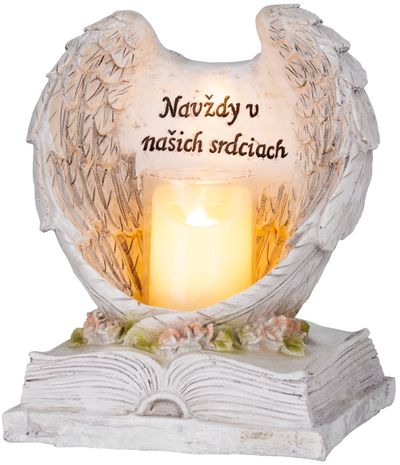 Decor MagicHome, Aripi de înger pe o carte cu lumânare, 1xLED, polirășină, pentru mormânt, 18x13,5x20 cm
