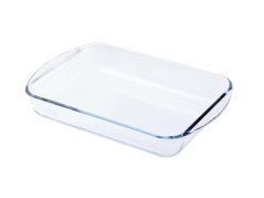 Négyszögletes, fülekkel ellátott sütőtál, 35x23x6 cm, 2,7 l, átlátszó PYREX KLC üveg
