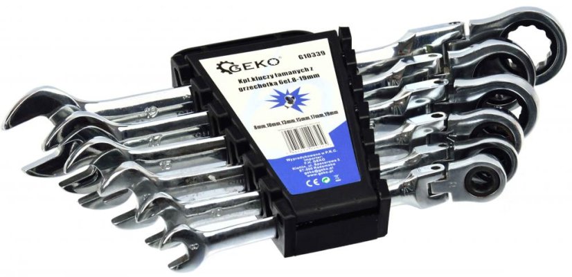 Ratschenschlüsselsatz mit Gelenk, 6-teilig (8,10,13,15,17,19 mm), GEKO
