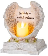 Dekoracja MagicHome, Skrzydła anioła na księdze ze świecą, 1xLED, polyresin, na grób, 18x13,5x20 cm (akce)
