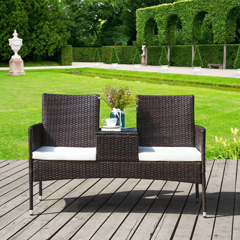 Gartenbank mit Tisch und Kissen, braun/creme, LALIT
