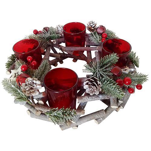 MagicHome Weihnachtskranz, natur, Advent, rot, 27x27x6 cm