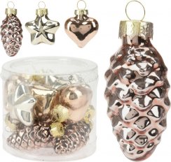 Set de 12 ornamente suspendate din sticlă con/stea/inimă chihlimbar