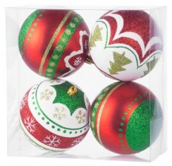 Koule MagicHome Vánoce, 4 ks, červeno - zelené, s ornamenty, na vánoční stromek, 10 cm